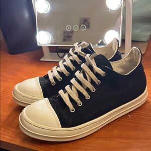 Rick Owens Black Canvas Low-Top Sneakers with White Toe Caps